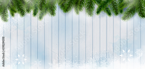 illustration of snowflakes of wintertime and pine tree for Merry Christmas and Happy New Year seasonal greetings holiday background