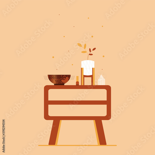 Vector illustration with cabinet, Tibetan healing bowl, stick, flower in wooden vase and magic crystal.