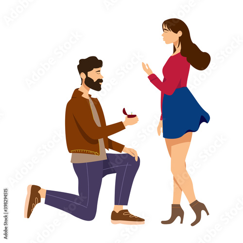 man doing marriage proposal to woman isolated on white, vector illustration