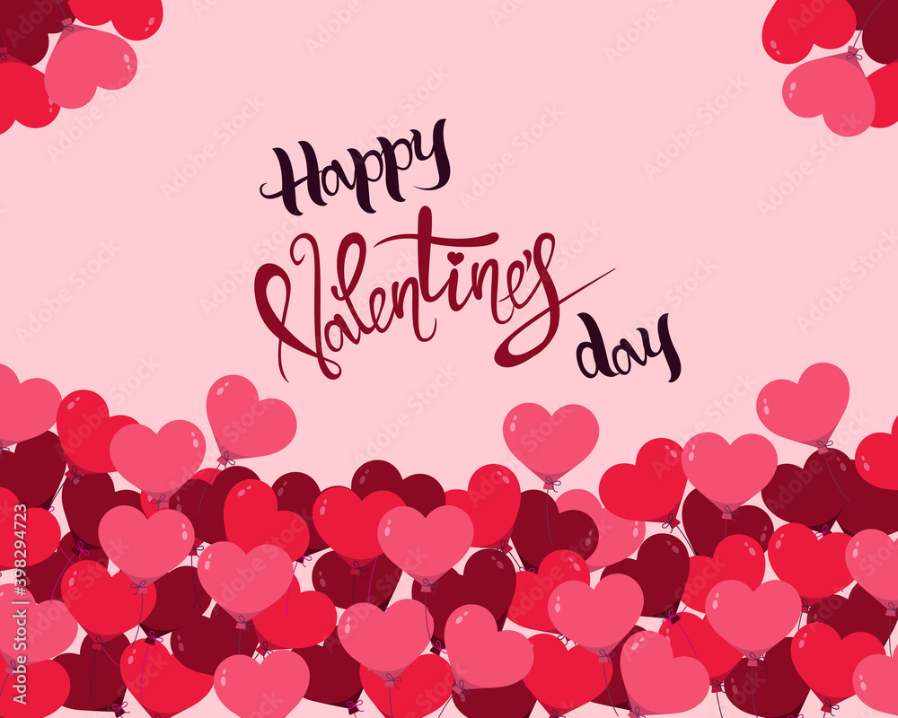 happy valentines day lettering and red hearts isolated on pink, vector illustration