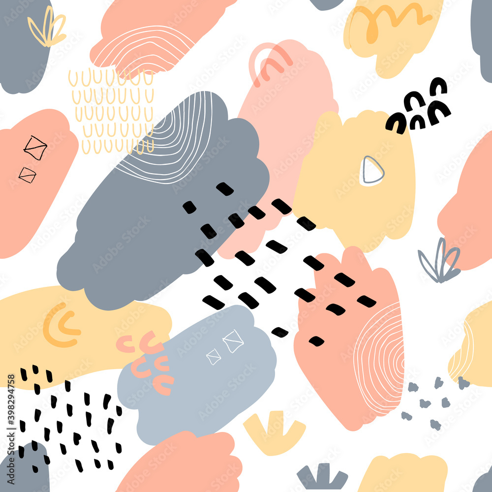 Fototapeta premium Abstract seamless pattern in trendy style with botanical and geometric elements, textures. Trendy pastel colors. 