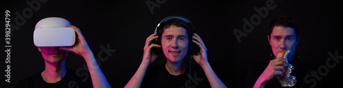 Portrait of gamer in VR, in gaming garniture and in snack break. Concept of I don't see, I don't hear, I don't speak.