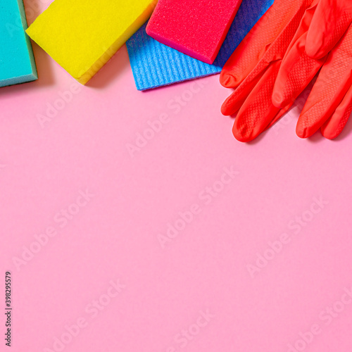 The cleaning concept. Multi-colored washcloths and gloves for house cleaning  in the office