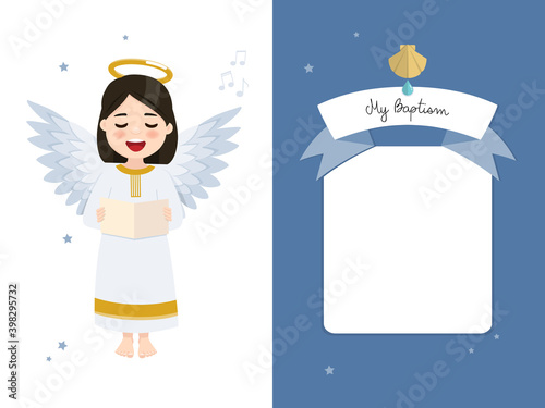 Angel singing. Baptism horizontal invitation on blue sky and stars invitation. Vector illustration