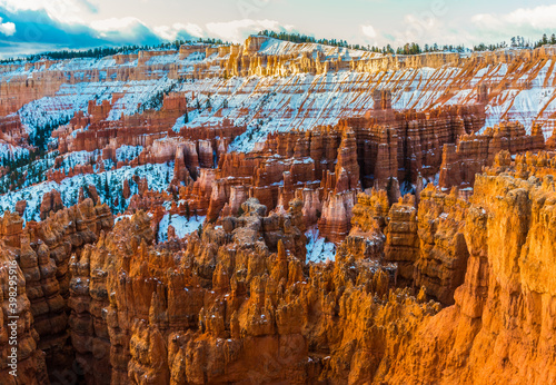 Snow Capped Inspiration Point and Hoodoos of Silent City From Sunset Point, Bryce Canyon National Park, Utah, USA