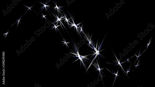 Abstract black bright glowing shiny texture with the image of the galaxy, the universe, stars and constellations with rays and flashes. illustration