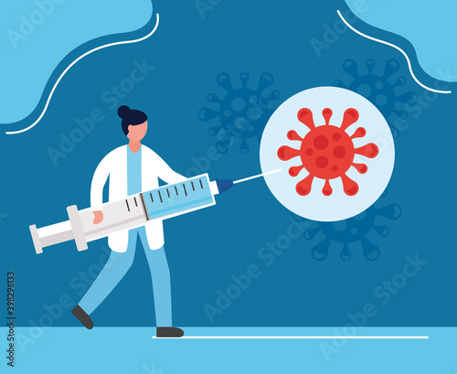 covid19 vaccine poster with female doctor injecting particle