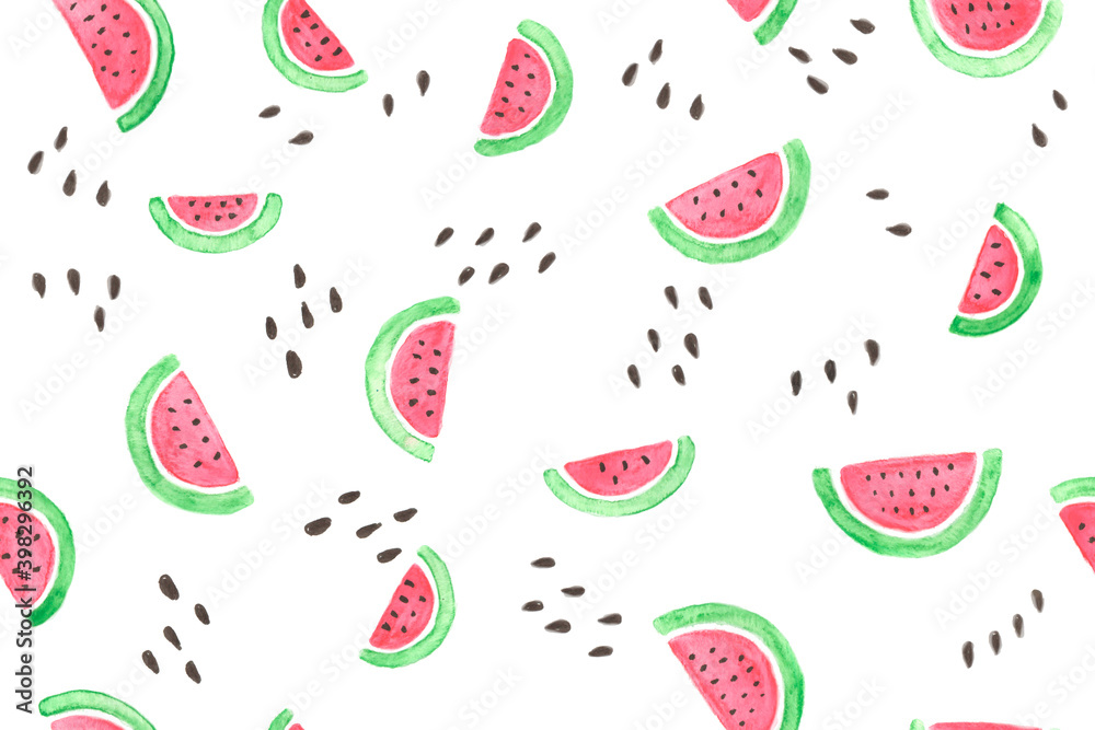Watercolor watermelon slices and seeds seamless pattern Watercolor watermelon slices and seeds seamless pattern