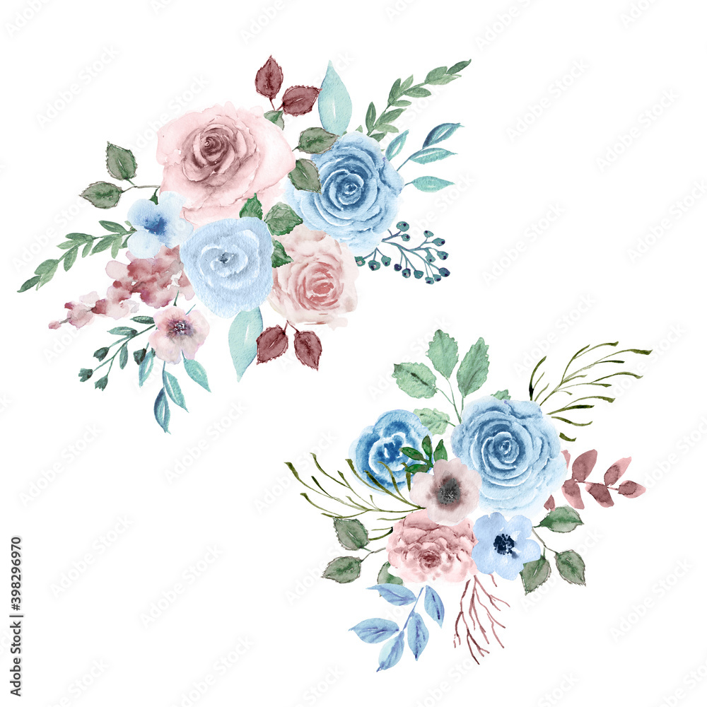watercolor set of bouquets. Dusty pink, dusty blue pastel floral arrangements. Botanical hand painted compositions. Blue and pink flowers bundle. For wedding design, decoration, invitations, textile