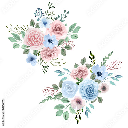 watercolor set of bouquets. Dusty pink, dusty blue pastel floral arrangements. Botanical hand painted compositions. Blue and pink flowers. For fabric, decoration, wedding design