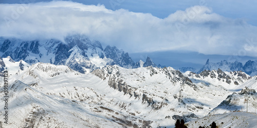 Panoramic view of the high mountain range near Tignes ski resort in France during the winter season.