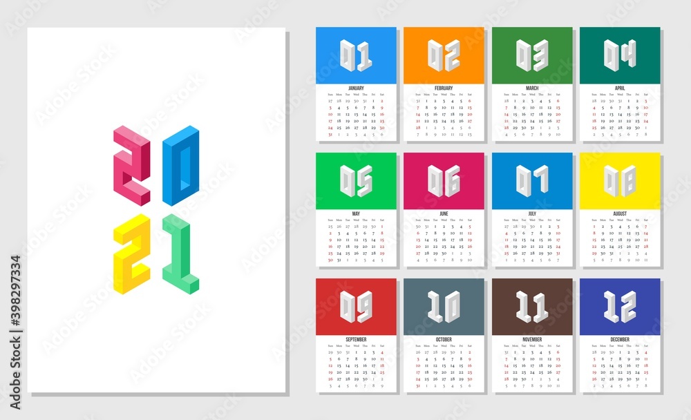Colorful 2021 calendar template with isometric number text Colorful 2021 calendar template with isometric number text