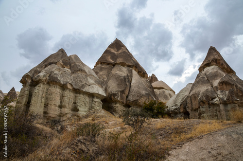 Beautiful view with fabulous landscapes of the mountains of volcanic origin of Cappadocia Goreme, Turkey