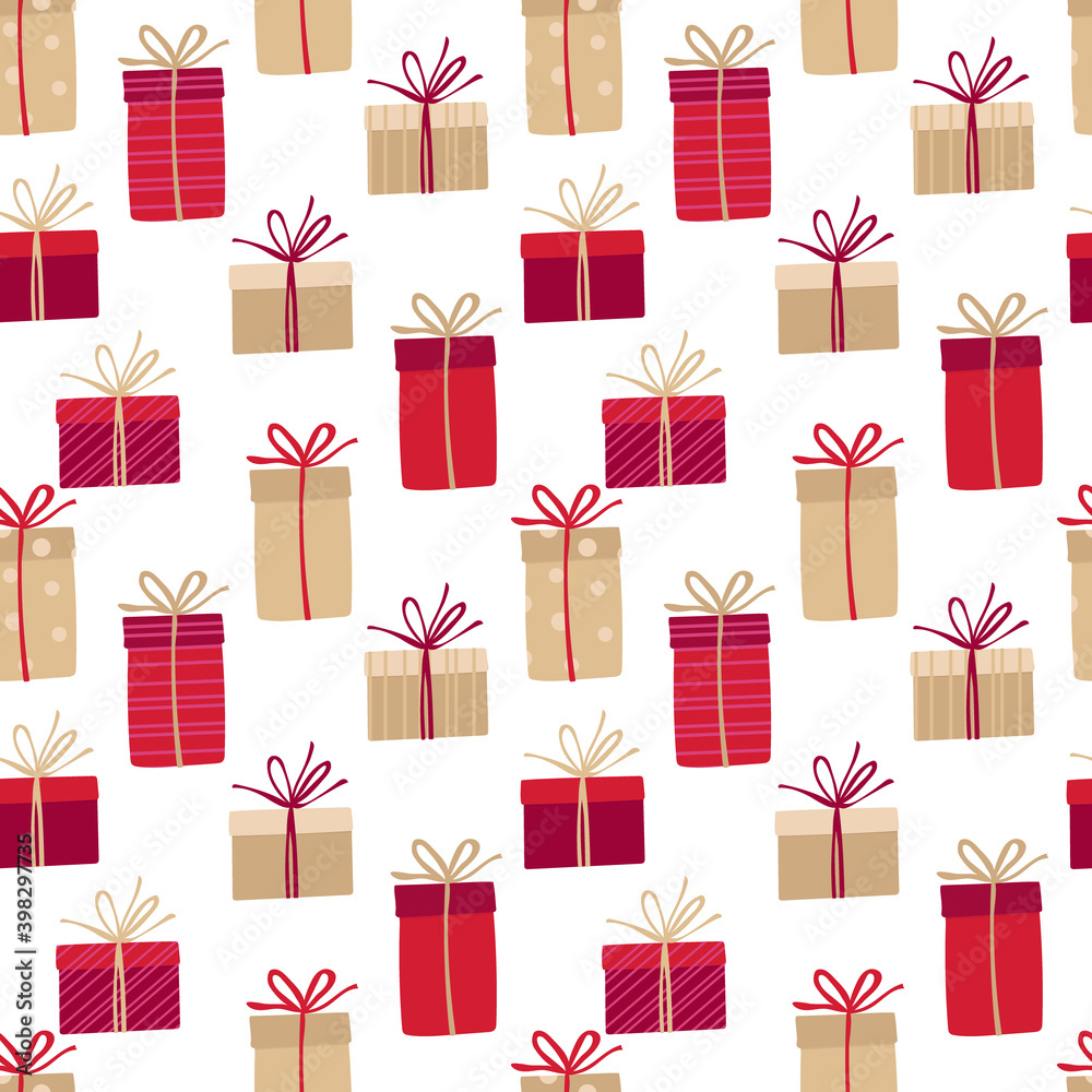 Seamless pattern with gift boxes with bows. Gift for Birthday, Christmas, New Year. Illustration for greeting cards, invitations, posters, wrapping paper, fabric Seamless pattern with gift boxes with bows. Gift for Birthday, Christmas, New Year. Illustration for greeting cards, invitations, posters, wrapping paper, fabric