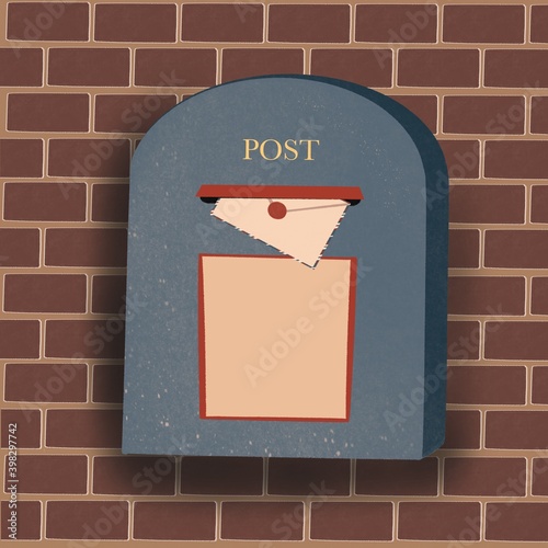 Photo Vintage old blue postbox on a brick wall