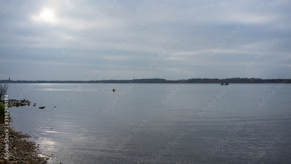 Man swims in cold water on a moody day in autumn Man swims in cold water on a moody day in autumn