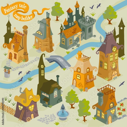 Fairy tale fantasy map colorful architecture building and landmark vector map builder illustrations