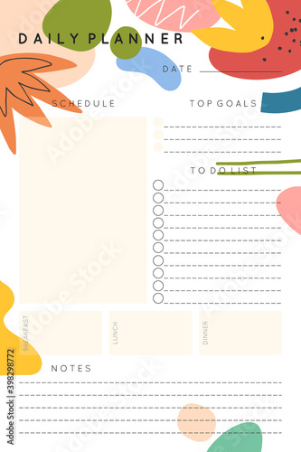 Vector daily planner template with abstract hand drawn organic shapes and doodles.Organizer and schedule with place for goals, to do list, notes.Trendy cartoon style.Abstract modern design.