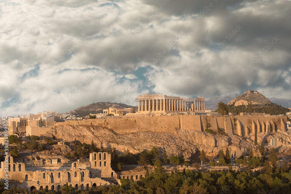 Acropolis, with Parthenon Temple and Odeon of Herodes Atticus. View from Filopappou hill.