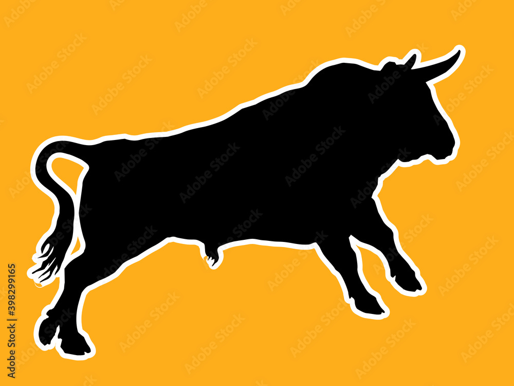 black silhouette of a running bull on an orange background for stickers and decoration	

