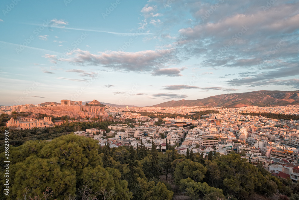 Acropolis, with Parthenon Temple and Odeon of Herodes Atticus. View from Filopappou hill.