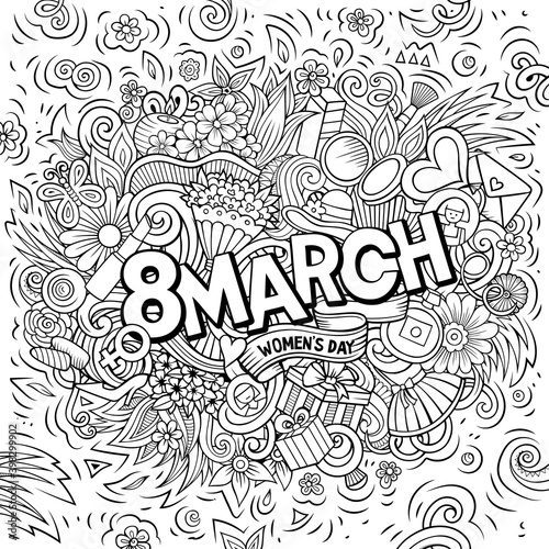 8 March hand drawn cartoon doodles illustration. Funny holiday design.