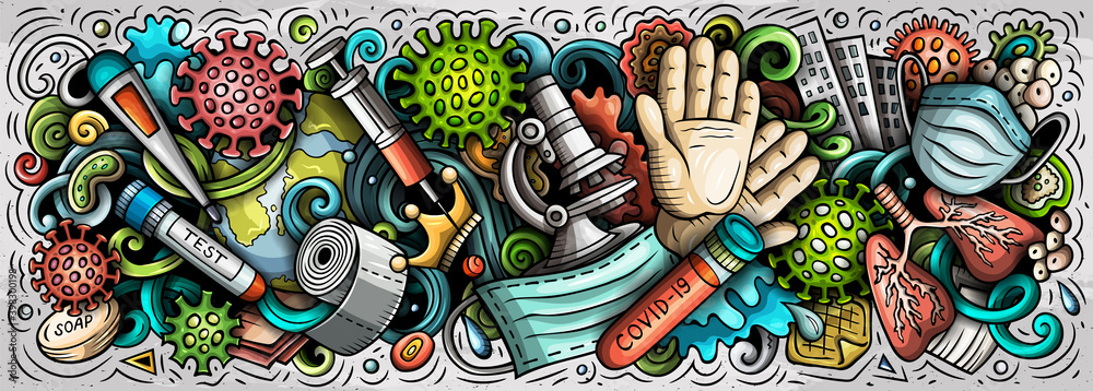 Coronavirus hand drawn cartoon doodles illustration. Colorful raster banner
