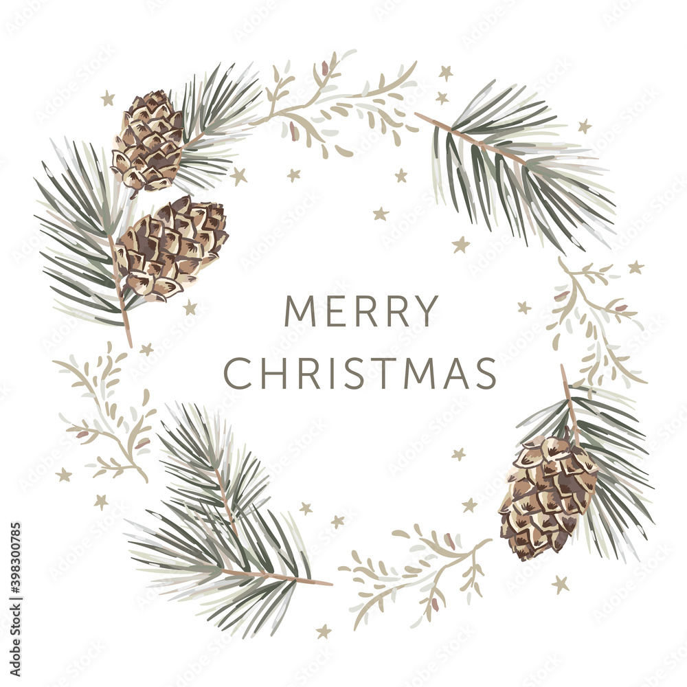 Christmas wreath with text, white background. Green pine twigs, cones ...