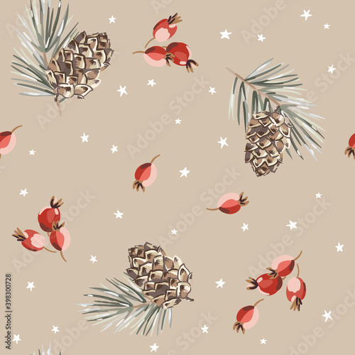 Christmas seamless pattern, beige background. Forest green pine twigs, cones, red berries, white snow stars. Vector illustration. Nature design. Season greeting. Winter Xmas holidays