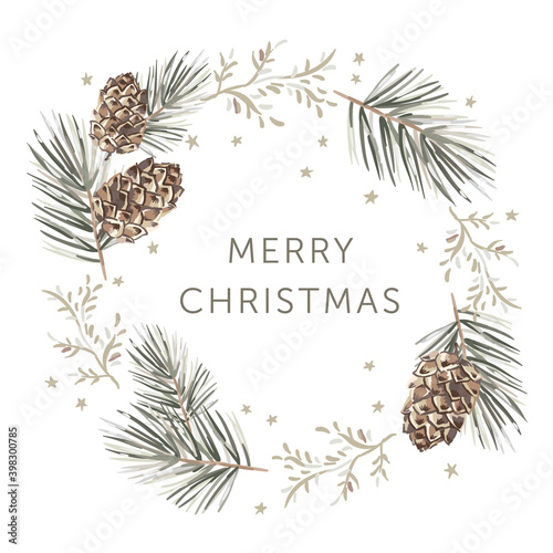 Christmas wreath with text, white background. Green pine twigs, cones, stars. Vector illustration. Nature design. Greeting card, poster template. Winter holidays
