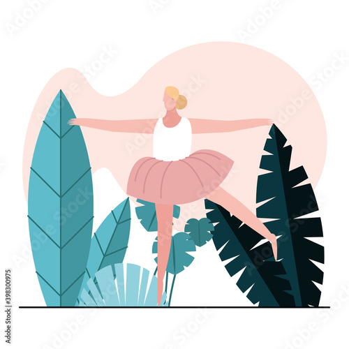 young woman practicing ballet character in the landscape