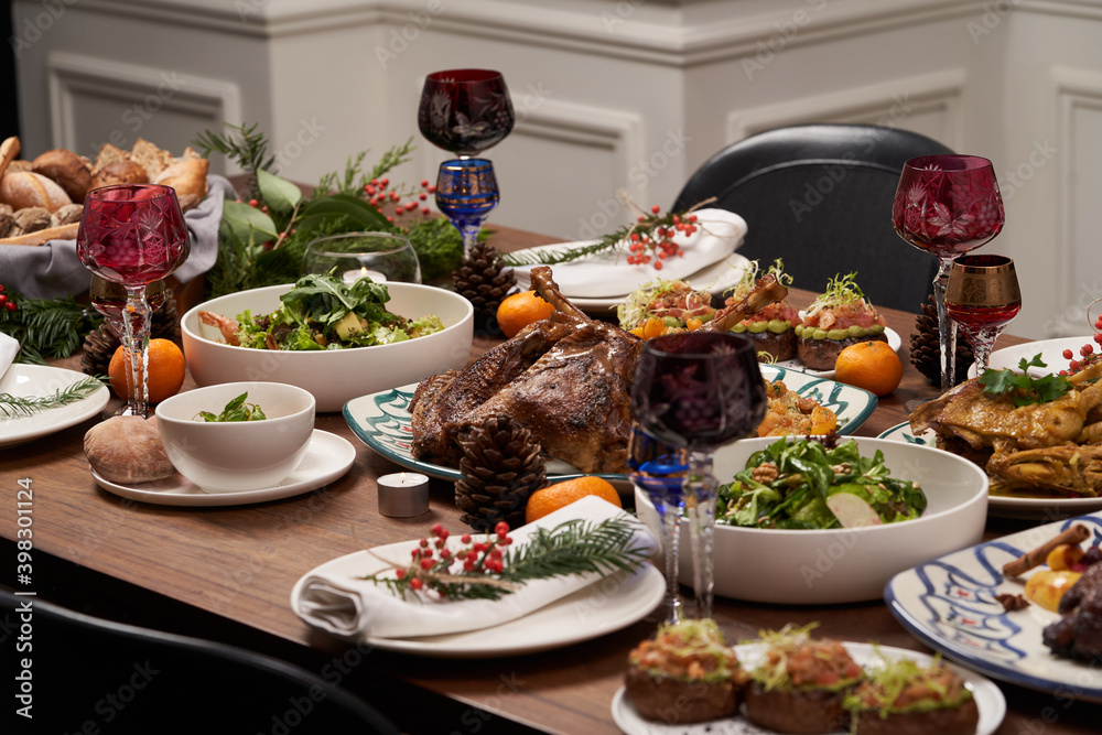 Christmas table setting. Xmas and New Year dinner table Christmas table setting. Xmas and New Year dinner table