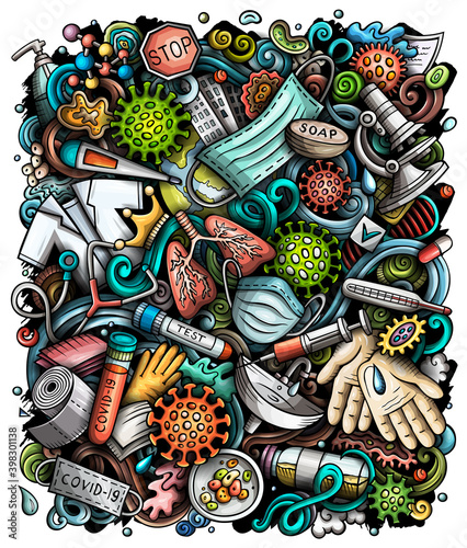 Coronavirus hand drawn raster doodles illustration. Toned funny picture