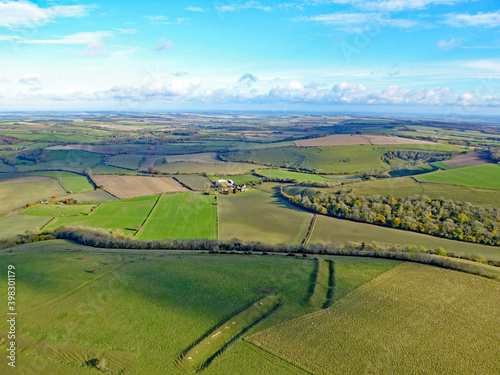 Fototapeta Naklejka Na Ścianę i Meble -  Aerial view of the fields at Monks Down in Wiltshire