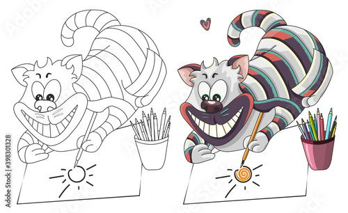 Fototapeta Naklejka Na Ścianę i Meble -  Cat draws the sun. Wonderland. Vector illustration