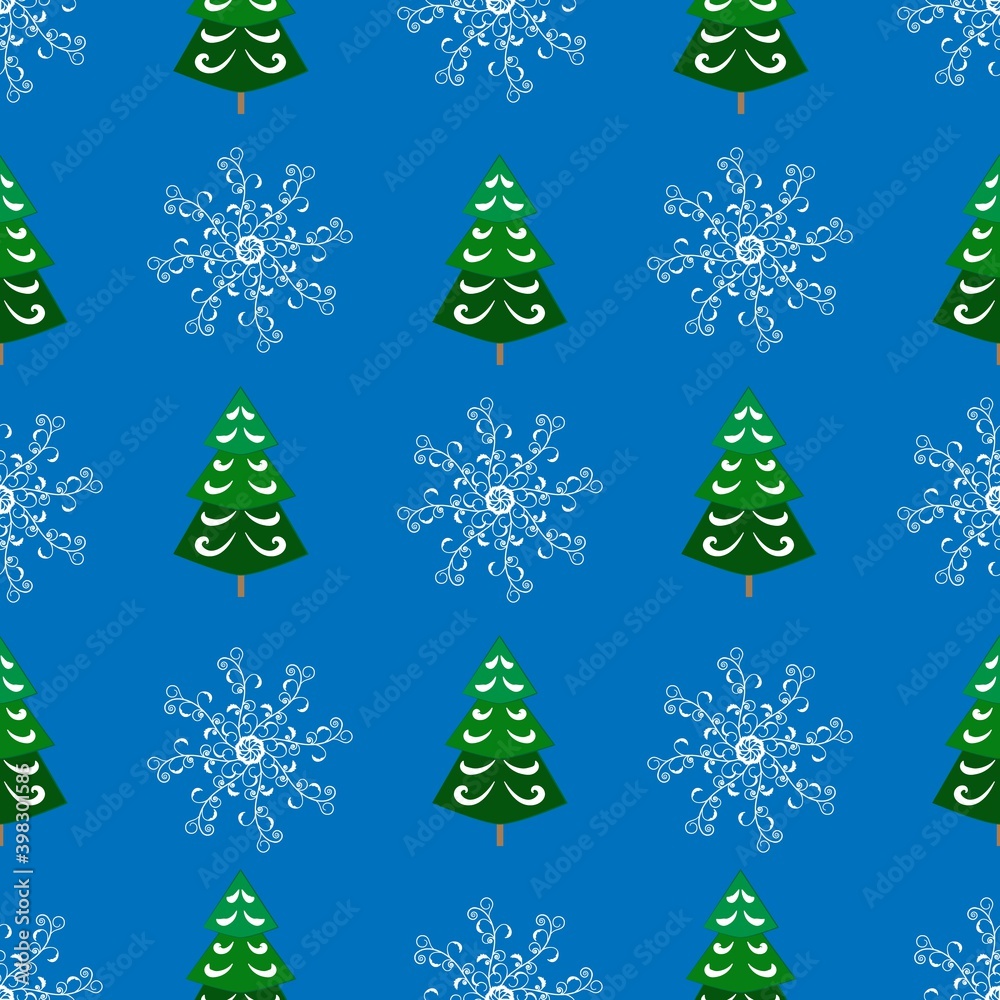 Snowflake and green tree color seamless pattern