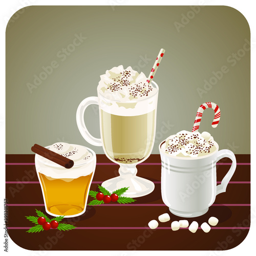 A collection of hot drinks that are often drunk in winter, such as apple cider, hot chocolate with marshmallow or hot coffee, decorated with mistle toe and candy cane.