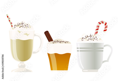 A collection of hot drinks that are often drunk in winter, such as apple cider, hot chocolate with marshmallow or hot coffee.
