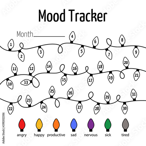 Mood tracker calendar. Year in pixels, Mood Planner, Feelings Tracker. Vector illustrations