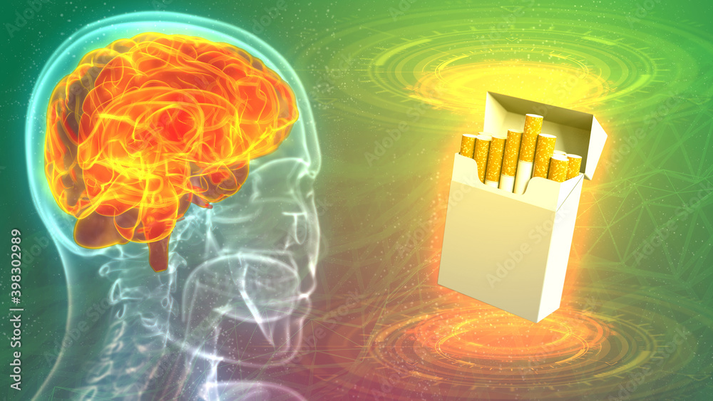 © Dancing Man - x ray human head image with highlighted brain and cigarette pack - risk to brain of nicotine concept, hi-tech medical 3D illustration © Dancing Man - x ray human head image with highlighted brain and cigarette pack - risk to brain of nicotine concept, hi-tech medical 3D illustration