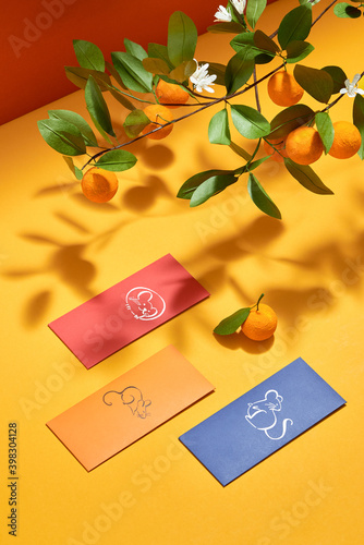 Decoration for Vietnam Tet holiday, also lunar new year. Lucky envelopes for Best wishes.