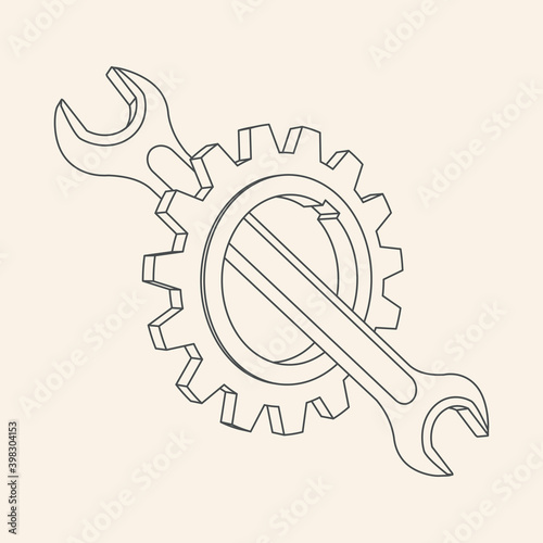 Gear and spanner 3D vector icon. Outline vector illustration on white background.
