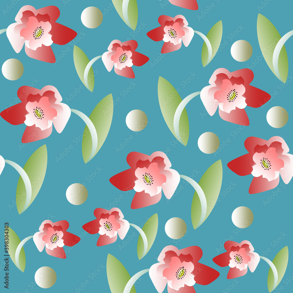 Seamless pattern of blooming tulips on a green background for textile.