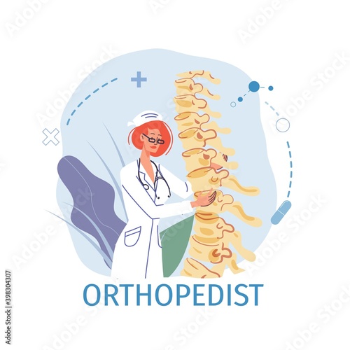 Cartoon flat doctor character in uniform,lab coat with medical devices and symbols-orthopedist medic profession career concept