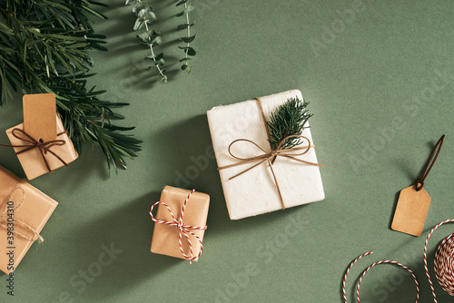 Christmas gift boxes collection with pine tree. View from above. photo