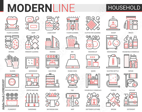 Household tools complex thin red black line icons vector illustration set, outline house cleaning, cooking or gardening linear symbols, housework collection domestic cleaner equipment, home appliances