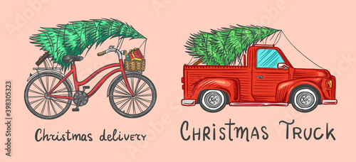 Car and Bicycle with a Christmas tree. Spruce in the luggage of the truck. Delivery concept. Vector illustration for label, badge, logo, postcard or banner. Hand drawn Vintage engraved sketch. 