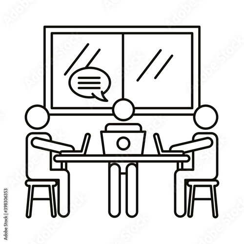three workers with laptops and speech bubble coworking line style icon