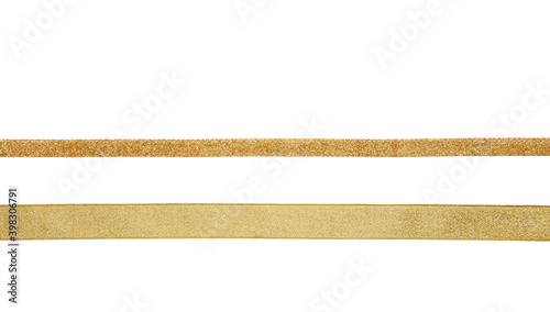 Golden satin ribbons isolated cutout on white background