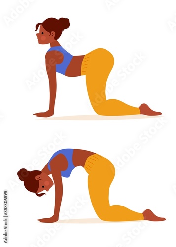 Woman in yoga Cat Cow pose, two steps to stretch the back and promote spinal flexibility. Illustration about exercise guide.